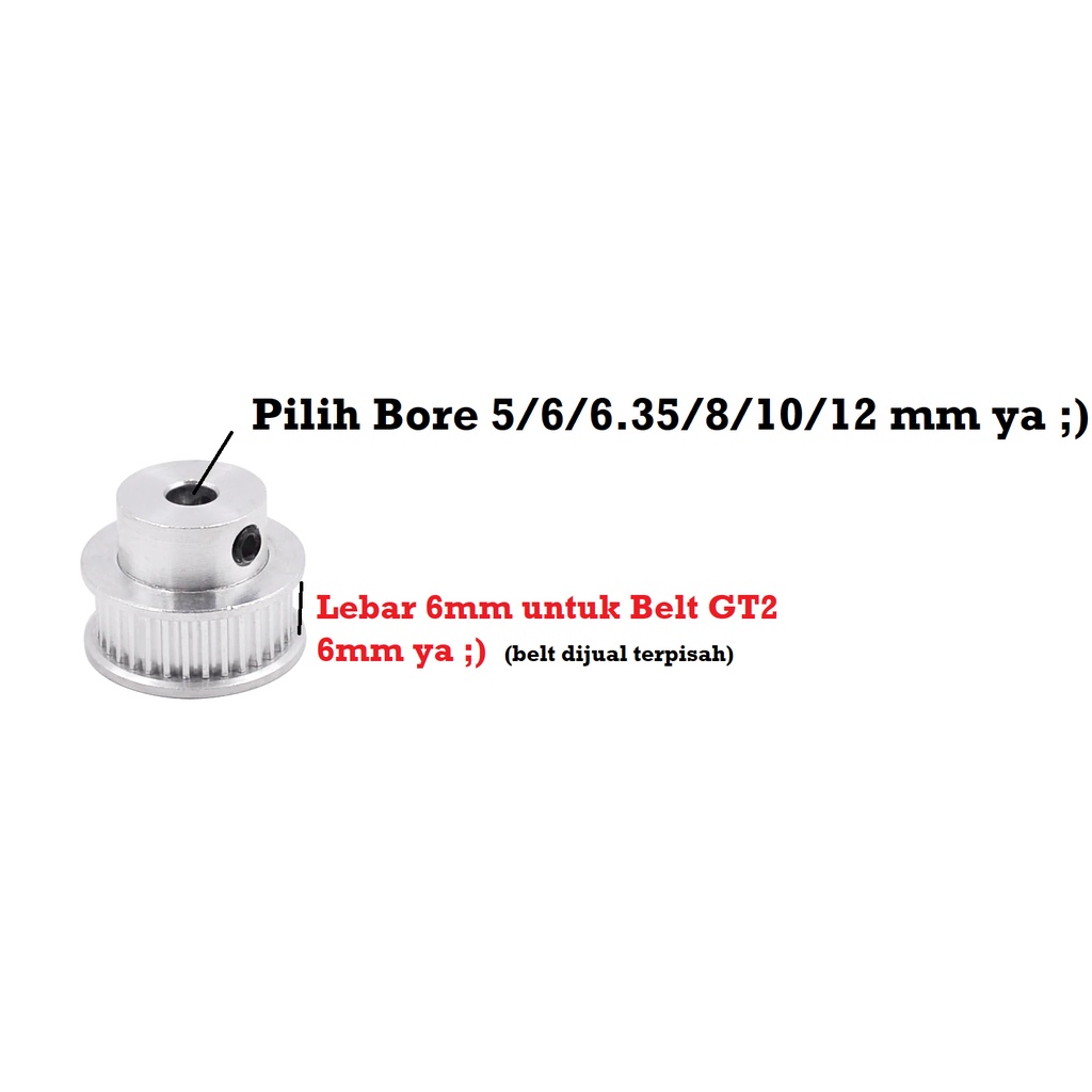 [HAEBOT] GT2 Pulley Timing CNC 30T W6 Bore 5 6 6.35 8 10 12 Puley Lebar 6mm 3D Printer Aluminium Pitch 2mm Aktuator Slider Router Mekanik 30 Teeth Gigi