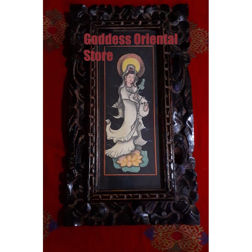 IMLEK SALE Lukisan Dewi Kwan Im Guan yin Handcrafted berdiri membawa bunga lotus dan kendi vas Lengk