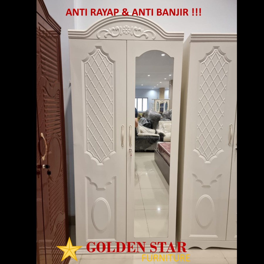 Lemari Pakaian 2 Pintu Besi Cermin Ukir Putih ANTI RAYAP & BANJIR