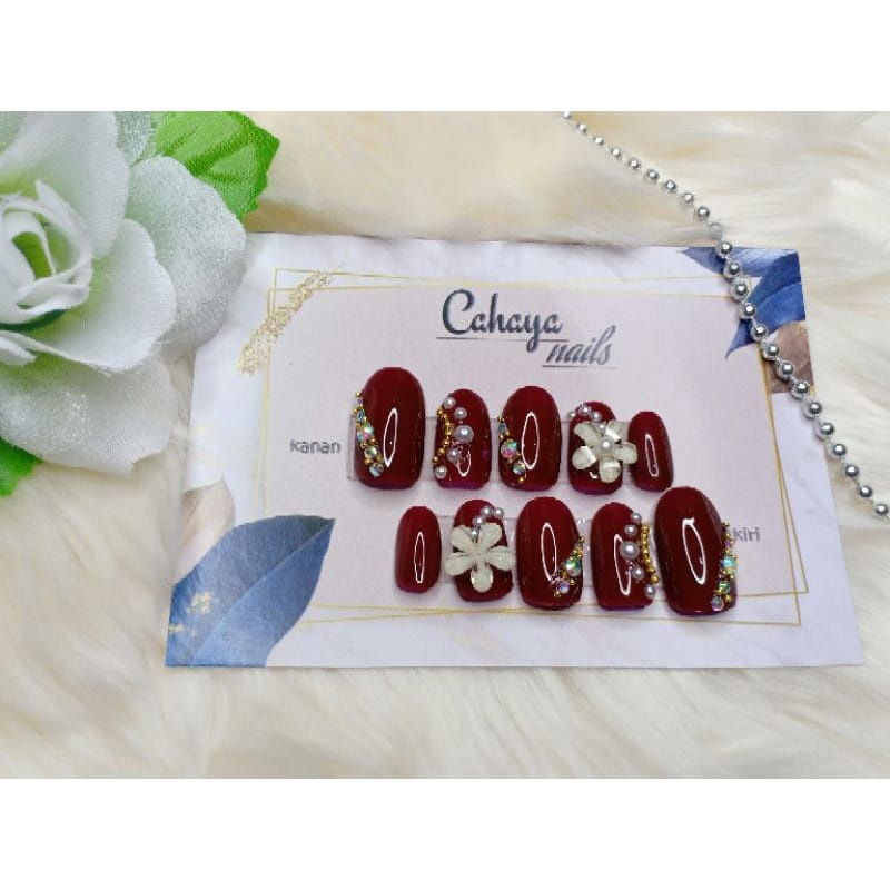 Kuku Palsu Wedding I Kuku Palsu Maroon I Nail Art 3D