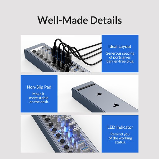 Usb 3.0 hub Orico 16 Port industrial Switch on off aluminum 5Gbps Adapter 100cm cable at2U3-16ab - Terminal usb3.0 16 slot saklar