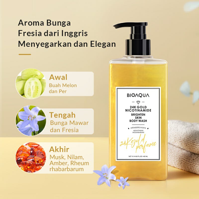 BPOM BIOAQUA 24K Gold Body Wash 400ml Shower Gel English Pear &amp; Freesia scent / Sabun Mandi Cair Sabun Kecantikan Long lasting fragrance / BB