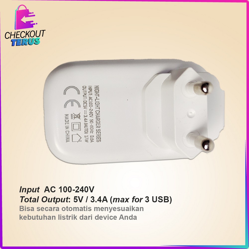 CT C464 Charger 3 USB Pengisi daya Adaptor Port Charger USB dengan Lampu Led Tidur Hemat Energi