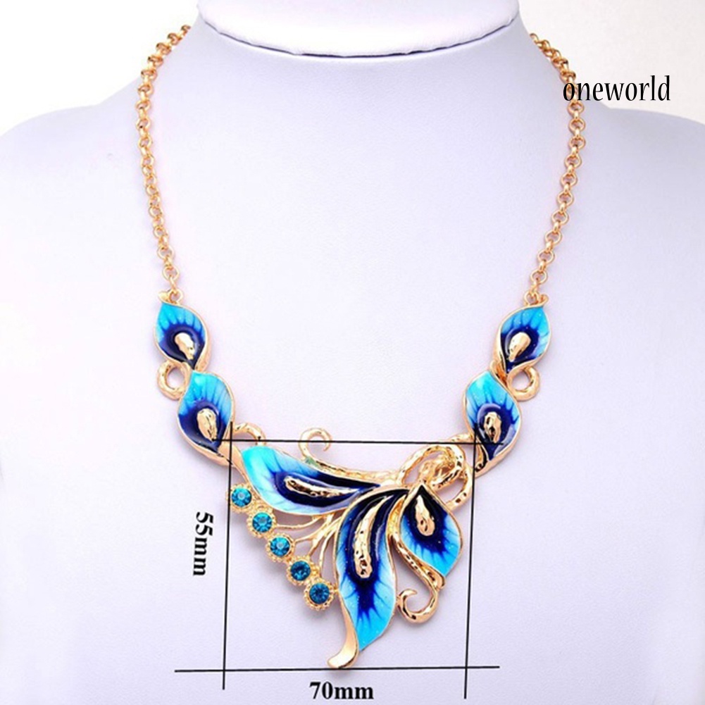 OW@ Women Enamel Flower Charm Rhinestone Stud Earrings Chain Necklace Jewelry Set