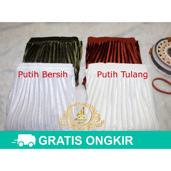 Rok Bludru Velvet Panjang Plisket Premium-ROK  Putih Tulang