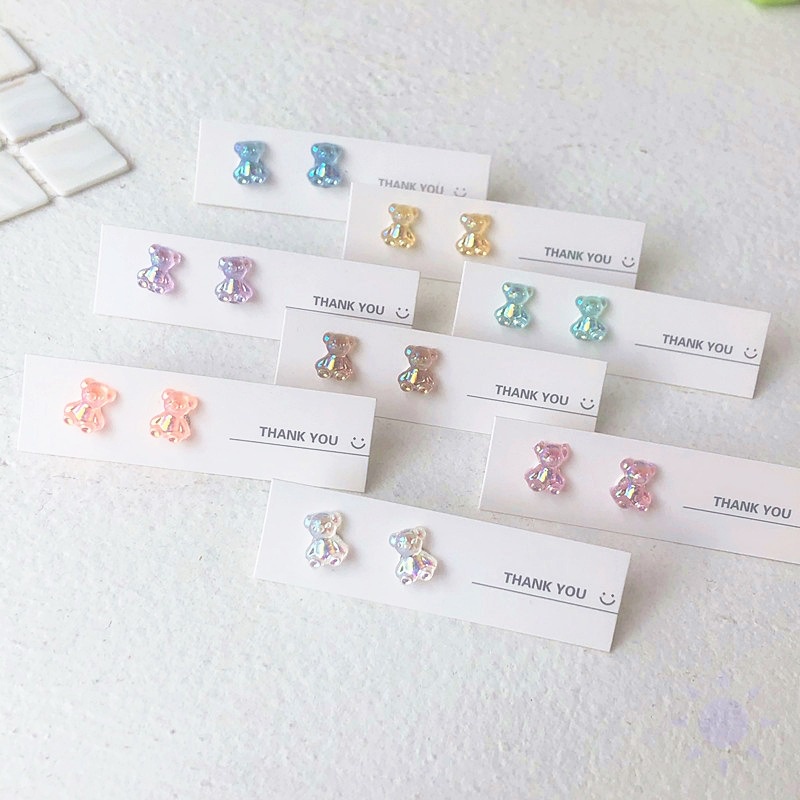 Anting stud S925 Bentuk Beruang Mini Warna-Warni Permen Biru Putih Pink Ungu Oranye