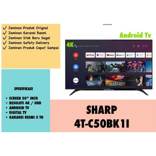 Televisi LED sharp 4T-C50BK1I android TV 50 inch UHD