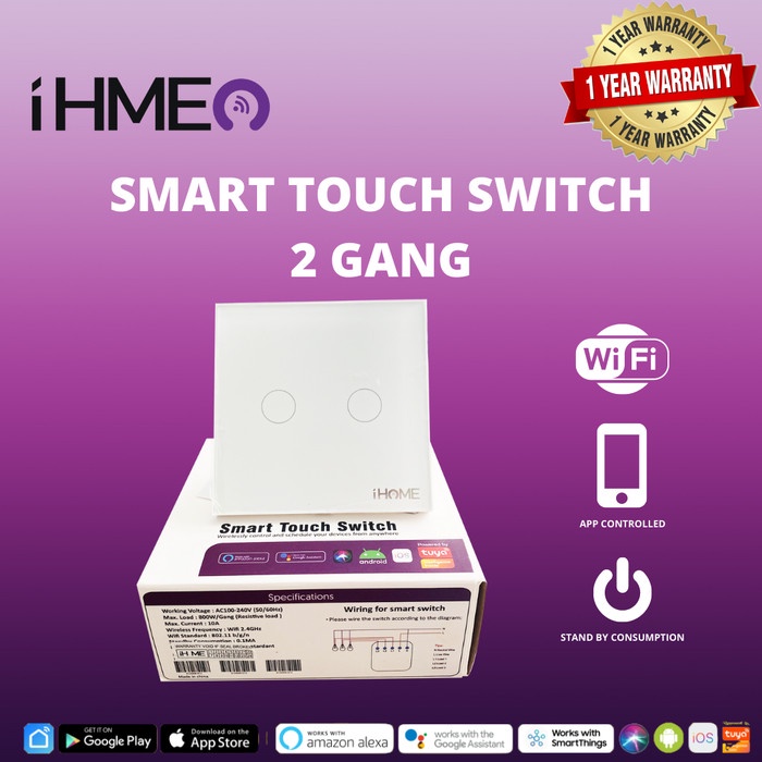 IHME Smart Switch 2 Gang Touch Screen Saklar 2 Tombol Wireless Wifi