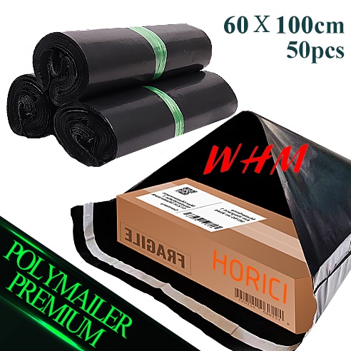 Plastik Packing Olshop PE Polymailer 60x100cm Lem Perekat Isi 100pcs Anti Plong Hitam Glossy Tebal