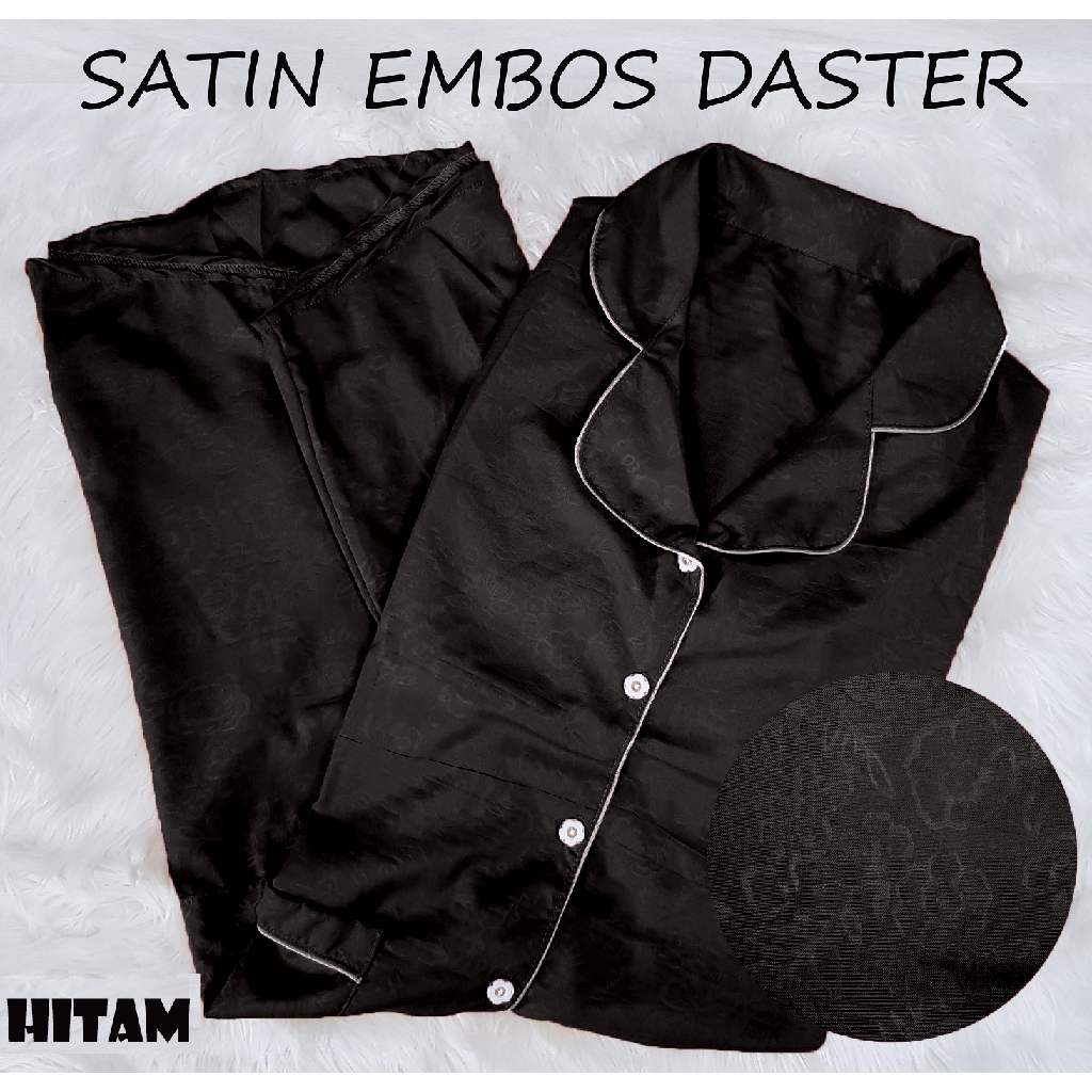 FortKlass Baju Tidur Satin Daster Embos Wanita Sleepwear Saten Fit To XL Silkwear-HITAM