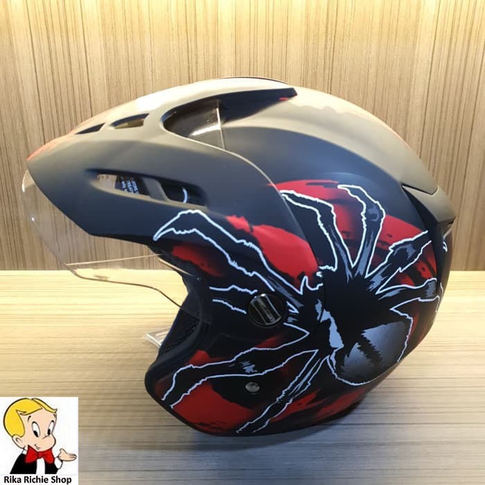 Helm Half Face Dewasa Single Visor SNI Virtue Tarantula Black Red Doff