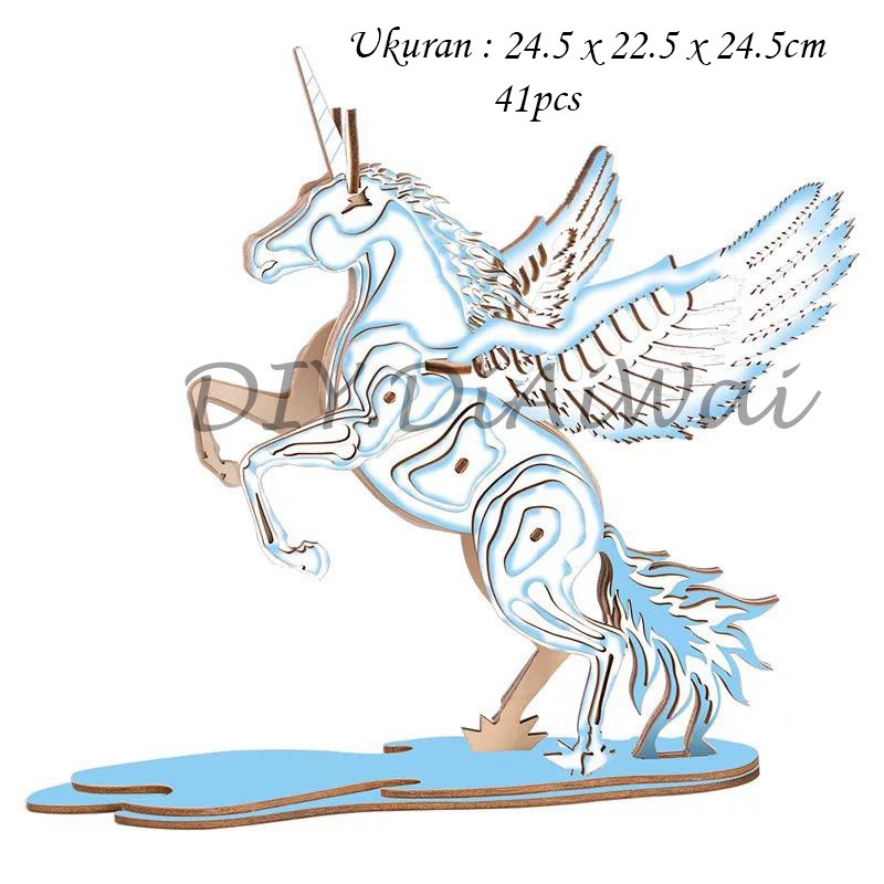 Puzzle 3D DIY bahan kayu model Unicorn mainan puzzle edukasi anak (kado &amp; pajangan)