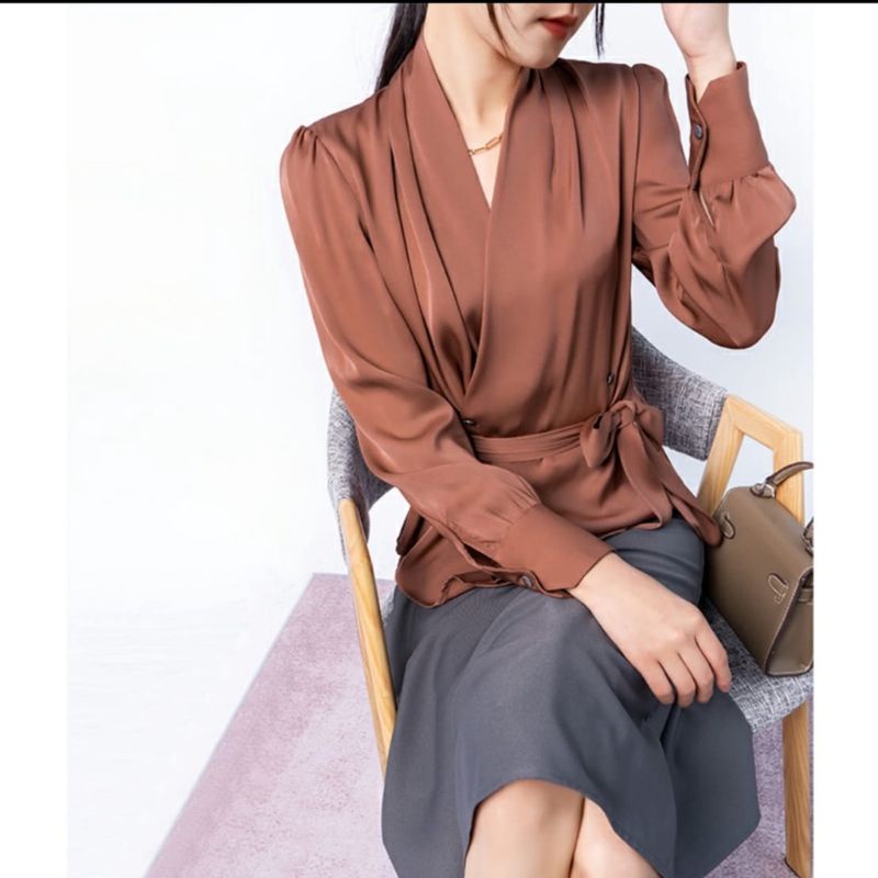 7152 Blouse satin silk free tali lengan panjang polos import wanita Baju blouse satin lengan panjang