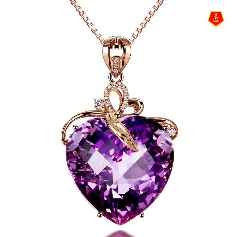 [Ready Stock]Luxury Heart-Shaped Amethyst Pendant 18K Gold Necklace Fashion