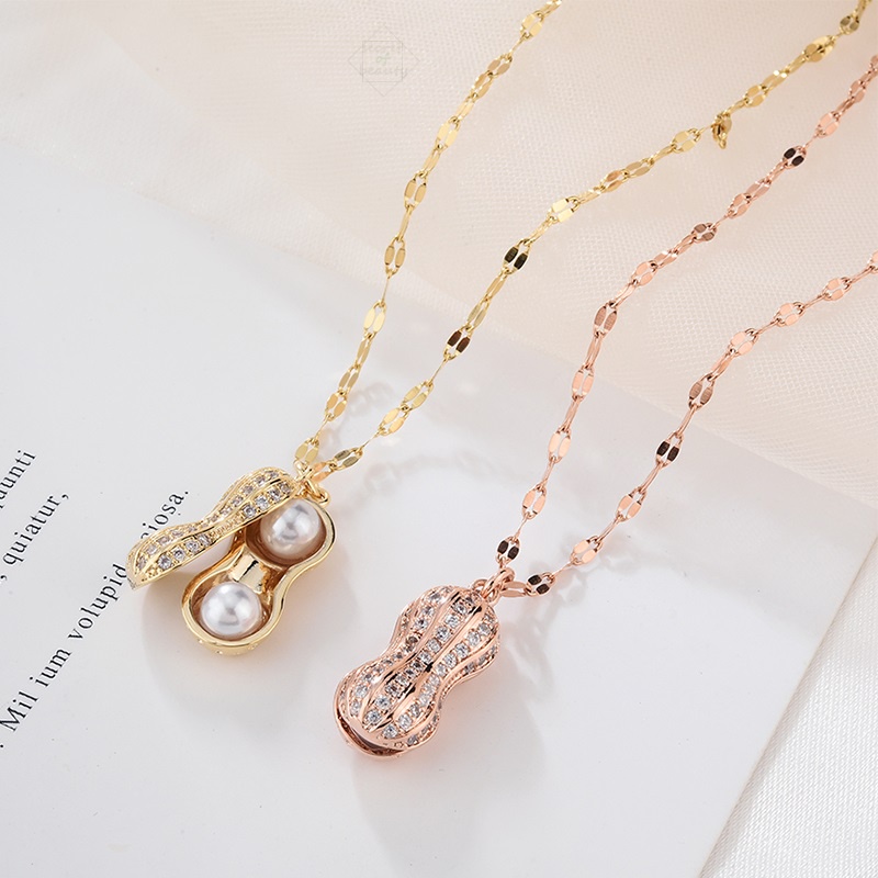 Kalung kacang mata rantai unik liontin full diamond permata rhinestone ada mutiara di dalam bahan alloy aesthetic warna silver rose gold putih untuk wanita