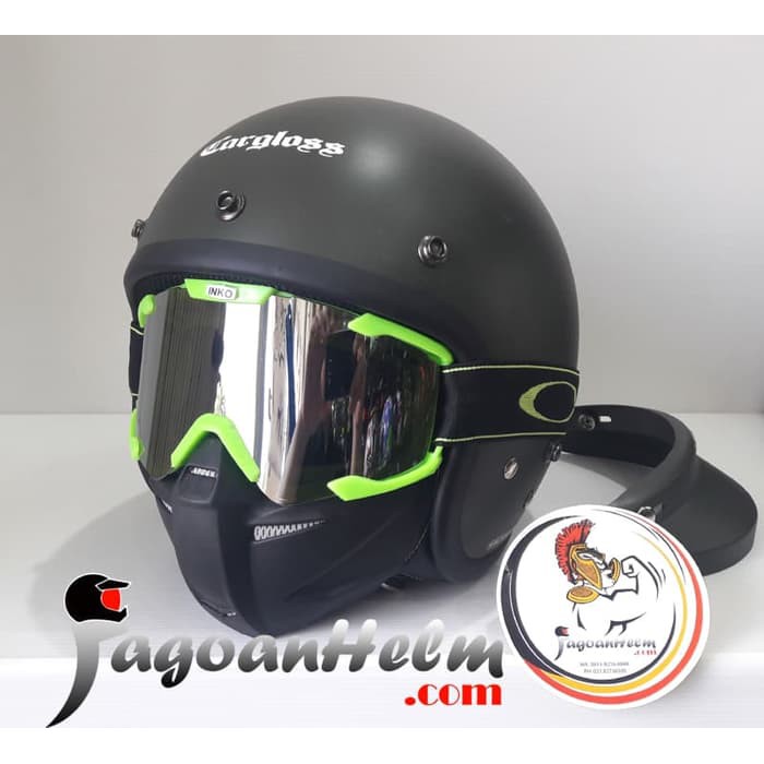 CARGLOSS HELM RETRO | GREEN DOFF + INKO SILVER GOGGLE MASK | CARGLOS