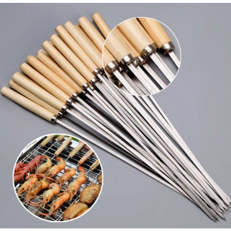 Jual Alat Tusuk Sate Stainless Pemanggang Bbq Besi Skewer Tusukan Wood Shopee Indonesia 5707