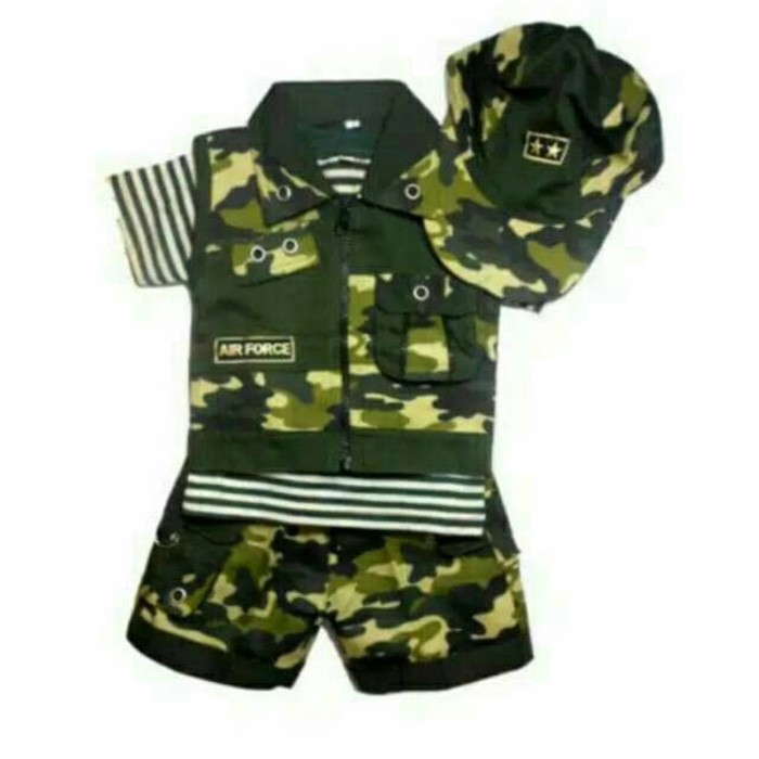 Baju Setelan Anak Bayi Army/Tentara Set Rompi dan Topi Cool