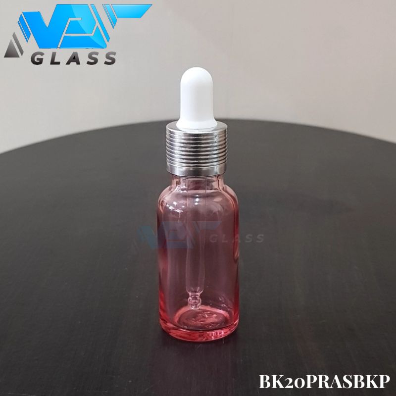 botol kaca pipet 20ml tebal pink clear - ring almunium silver bergaris