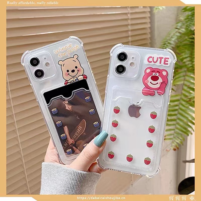 Lovely Pink Bear Card Holder Clear Phone Case for iPhone 13 12 11 Pro Max XR XS Max iPhone 7 Plus 8 Plus SE 2020 Anti-fall Wallet Card Protective Shockproof Soft TPU Back Cover