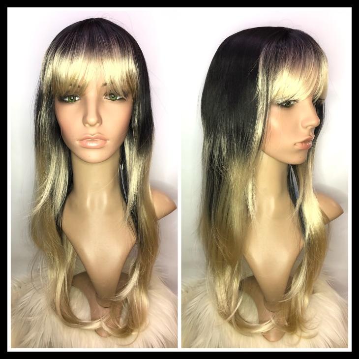 Wig Warna Ombre Rambut Palsu Panjang Lurus Berponi Bahan Sintetis