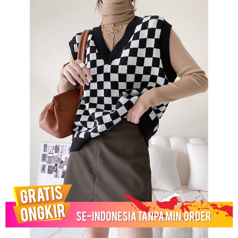 Pakaian Wanita Hitam  Putih Papan Catur Kotak-kotak V-Leher Rajutan Rompi Wanita 2021    Tanpa Lenga