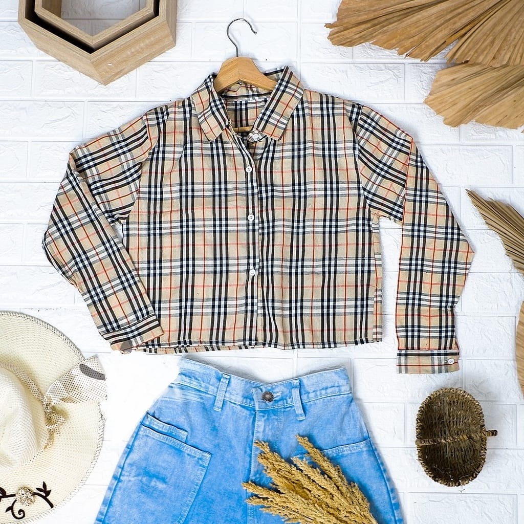 GZB Fashion Baju Kemeja  Wanita Lengan Panjang Terbaru / Kem  Tartan Crop Top Blouse / Tartan Outer 