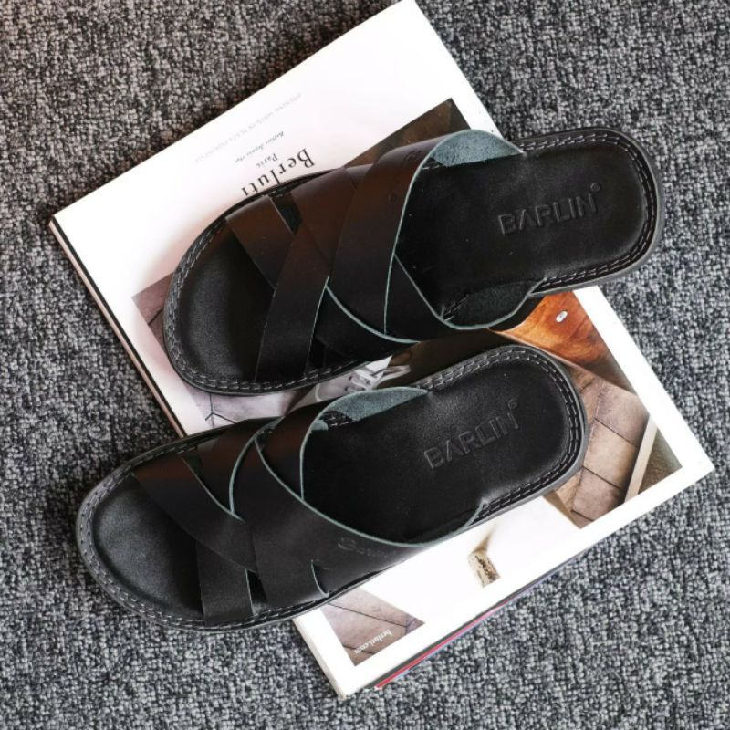 BRLN 004 Black Sandal Pria Full Kulit Asli Warna Hitam Sendal Slide Casual Model Klasik