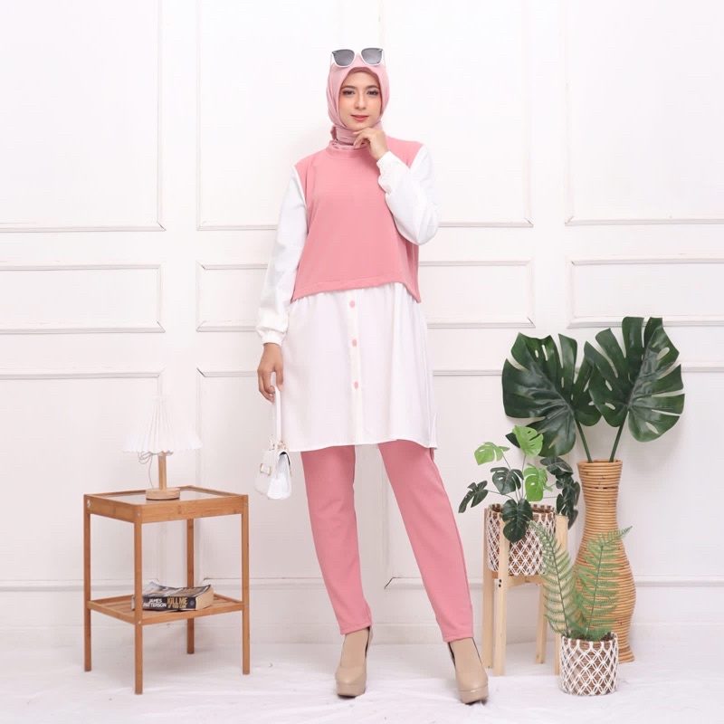 HARPER SETCEL TUNIK JUMBO SHAKILA SYAKILA STELAN SET MURAH POLOS ROMPI VEST BIGSIZE KANCING GROSIR