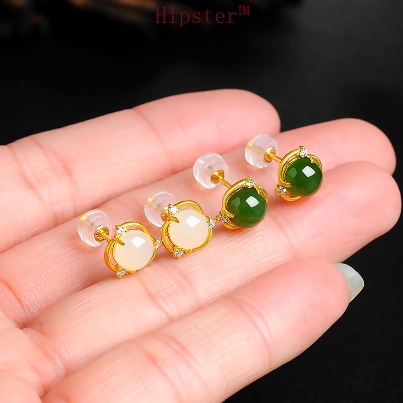 Creative Design Fashion Hollowed-out White Jade Diamond Elegance Retro Stud Earrings