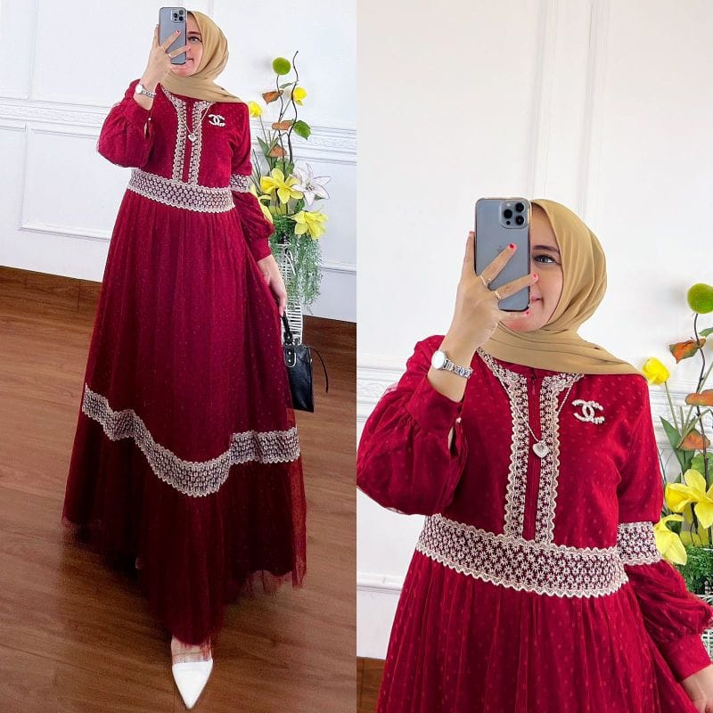 COD - Khalisa Dress Gamis Tille Dotty Full Puring Aksen Renda Brukat Ld 110 Fit To XL Fashion Muslim Wanita Gaun Maxy Maxi Pesta Kondangan Termurah-3
