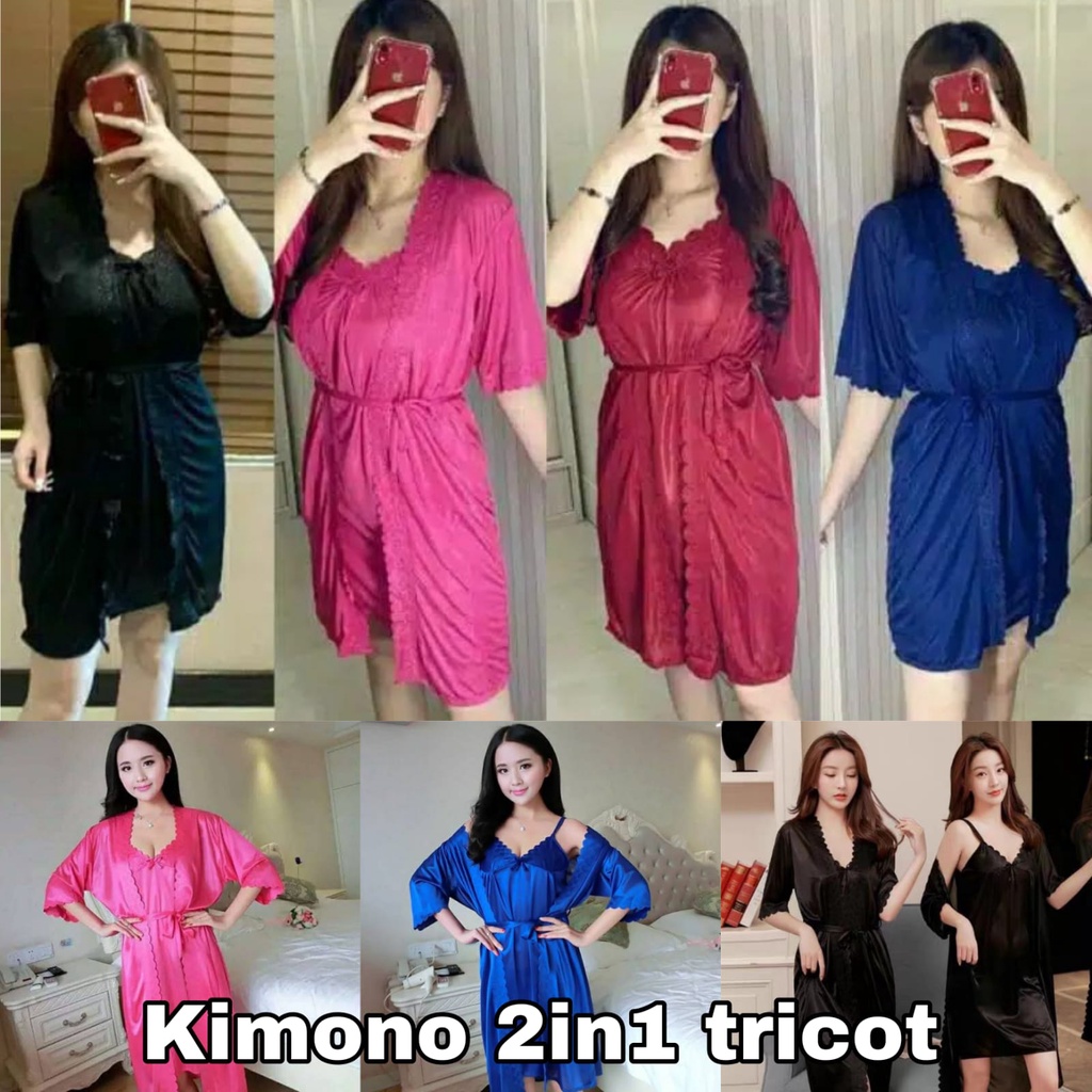 Trijaya . kimono lingerie 2in1 set tricot import standar / piyama wanita set kimono tricot 2in1