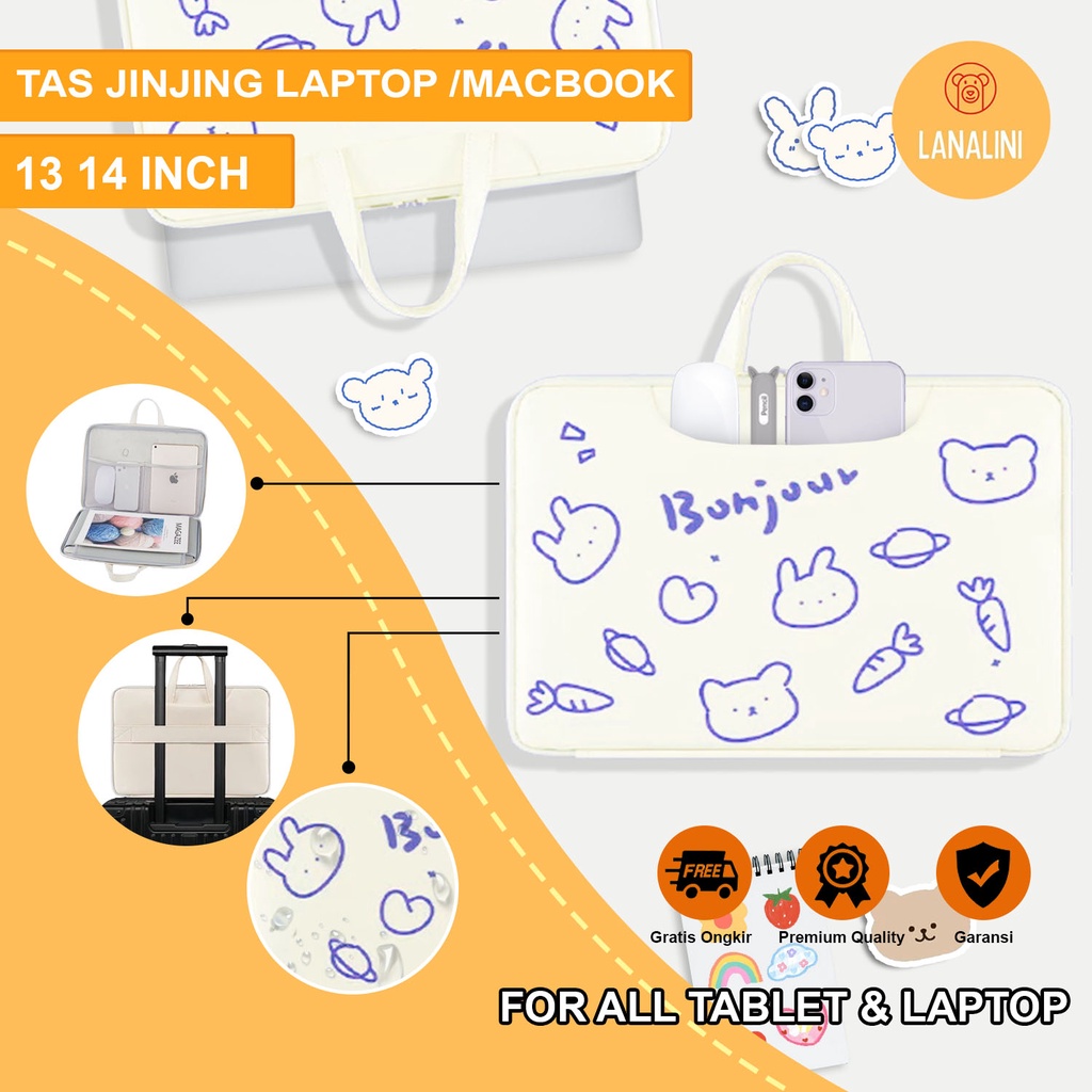 Sleeve Pouch Sarung Tas Bag Case Ipad Tab Tablet Macbook Air Pro Laptop Asus Acer Lenovo HP Huawei 11 12 13 14 15 inch Motif Gambar Beruang Bear Warna Putih Biru Lucu Cute Murah Korean Model Jinjing Tali Strap