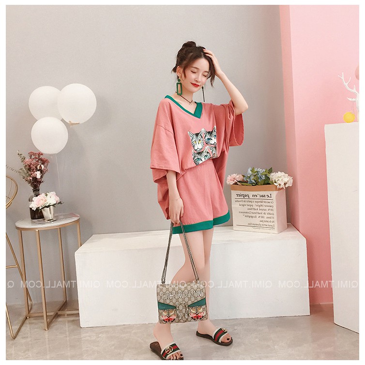 KSE-09 set atasan bawahan wanita import korea jepang big size oversized kucing