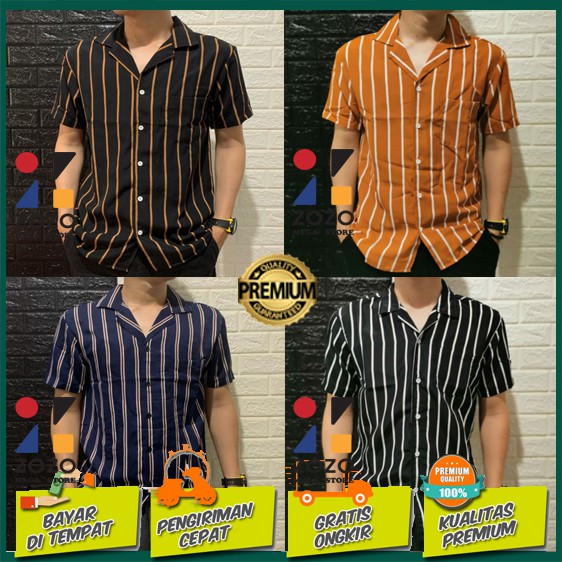 Kemeja Salur Pria Stripe Lengan Pendek Cowok Hem Garis Baju Belang Strip XXL