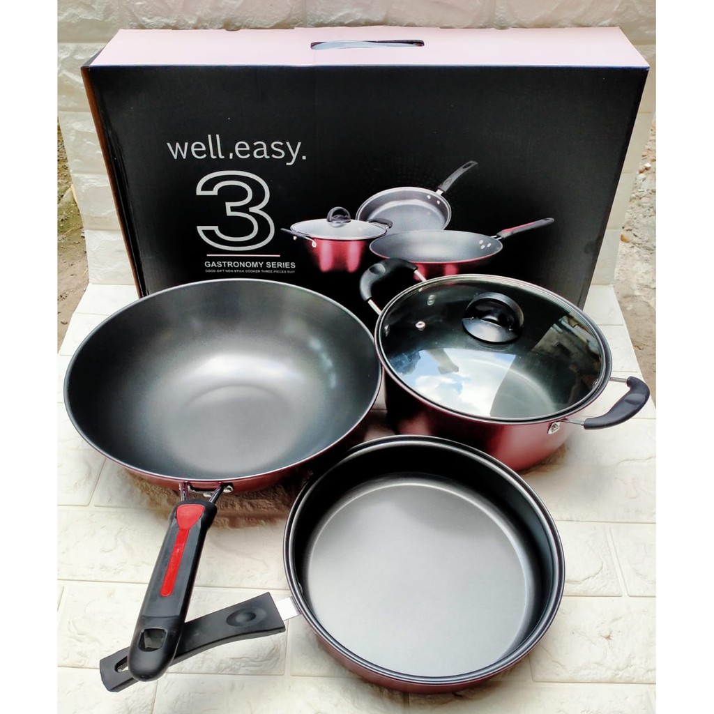 Panci Teflon Series Well Easy Set 3 Pcs - Wajan Set All in One Serbaguna - Terbaru