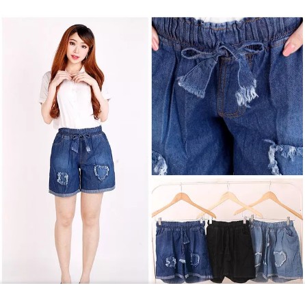 celana pendek santai wanita jeans pinggang karet hitam biru - Hitam