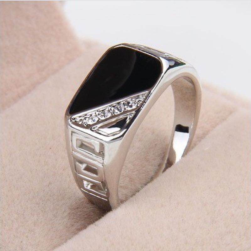 Cincin Enamel Warna Hitam Silver Gaya Kasual Klasik Untuk Pria