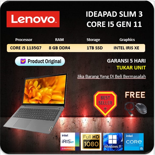 LAPTOP LENOVO IDEAPAD SLIM 3 CORE i5 1135G7 8GB 1TBSSD 15.6 FHD IPS