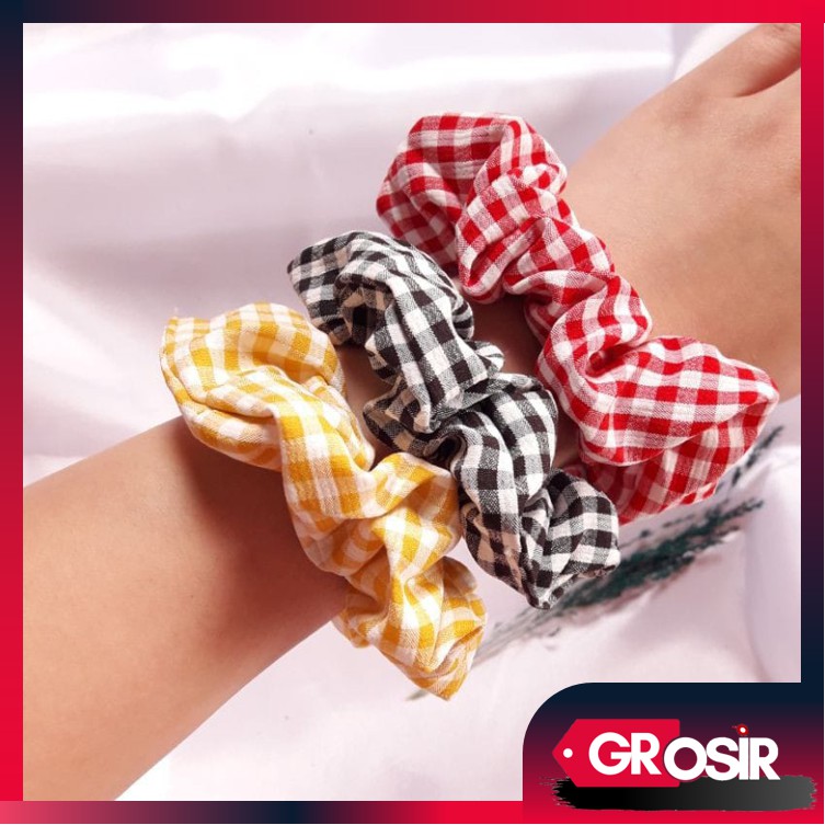 Grosir - F901 Kuncir Rambut Motif Kotak Kotak / Ikat Rambut Wanita / Fashion Rambut Cewek / Hair Tie