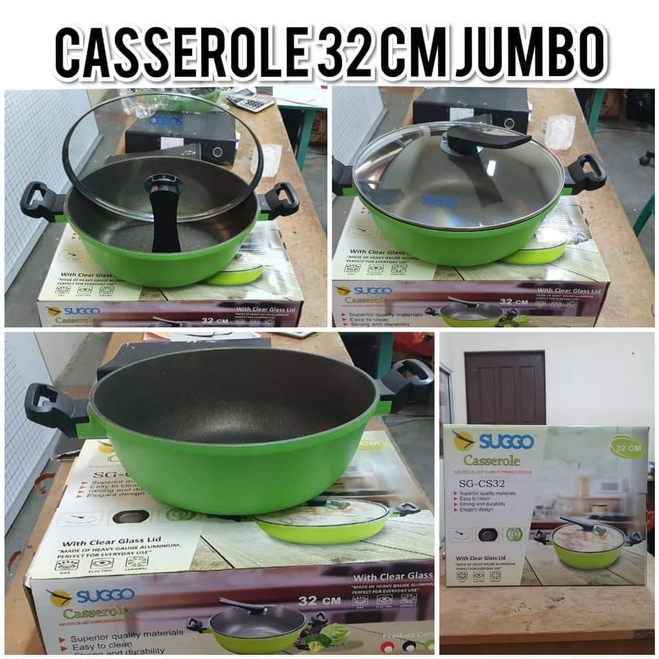 Wok Pan Casserole 32 Cm Suggo - Panci Wajan Gagang Tebal Anti Lengket Marble Coating Oven Bolu Kukus