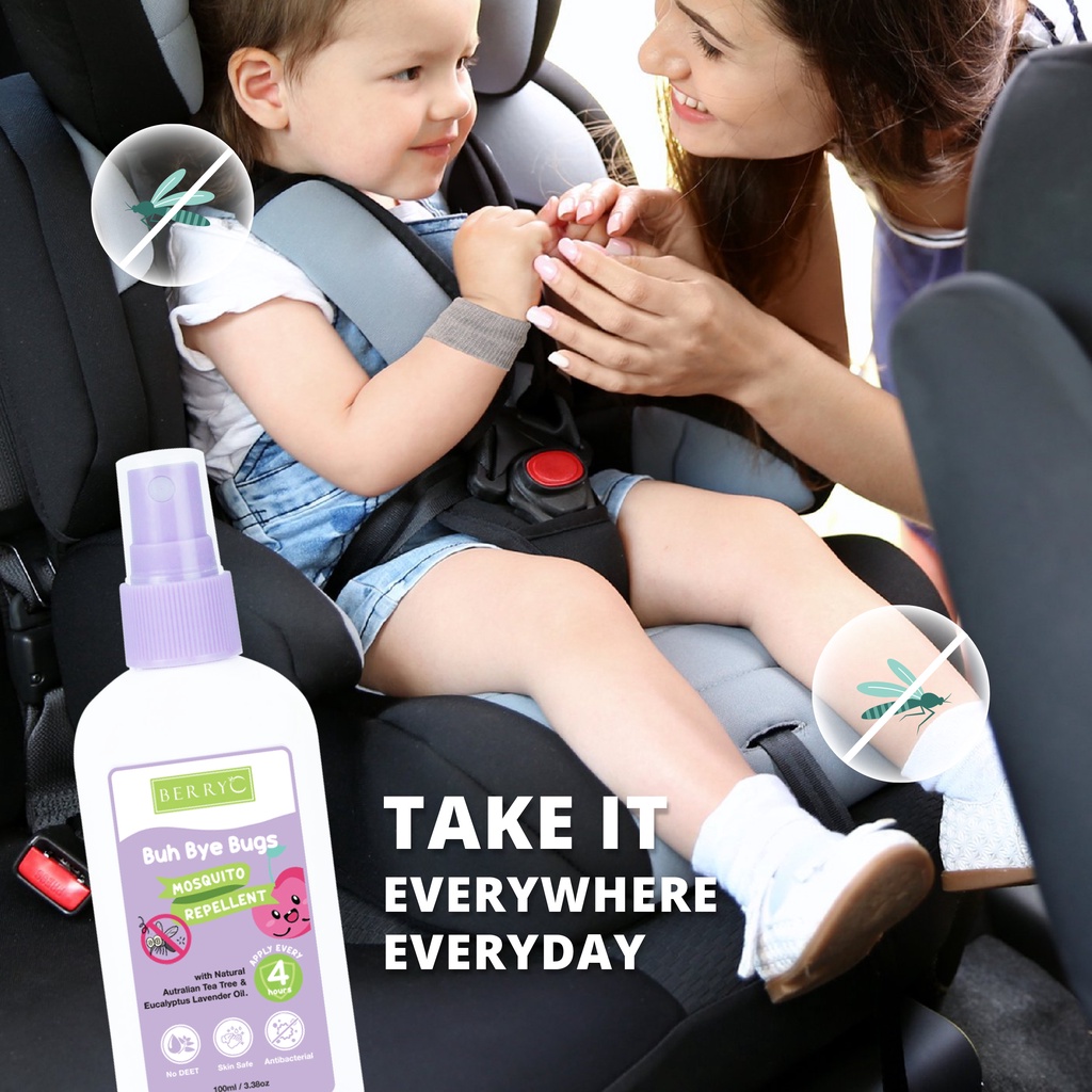 BerryC Buh Bye Bugs 100ml Mosquito Repellent Spray Anti Nyamuk Natural Antibacterial Ampuh Aman Untuk Anak dan Dewasa Kemenkes No DEET Hypoallergen Alergi sensitive skin kulit sensitif dengue dbd kutu tungau serangga natural organik impor lembut malaysia