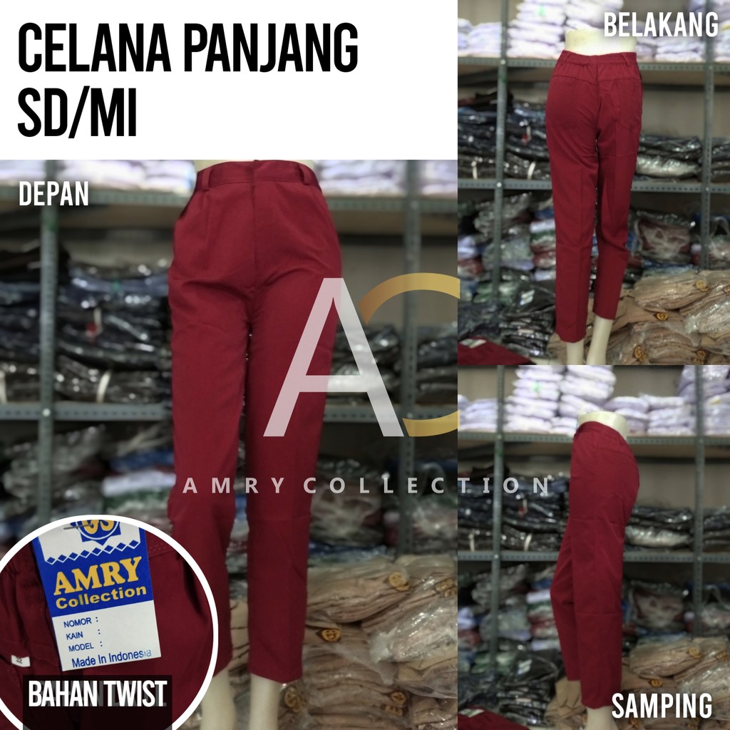 Seragam sekolah Celana SD Panjang Warna Merah Hitam dan Cokelat bahan Twist/Licin