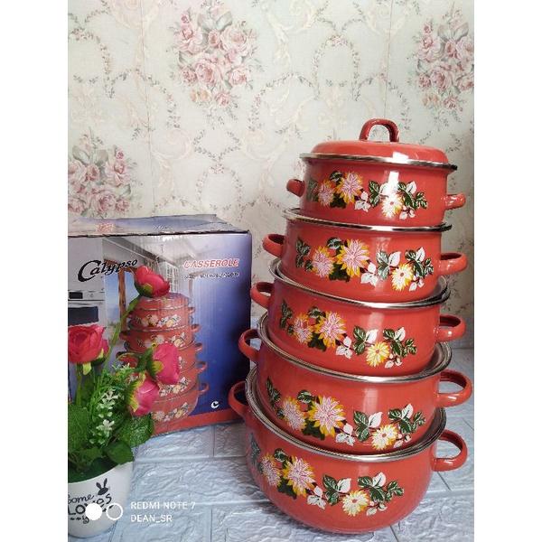 Panci Calypso Enamel 5 Susun / Panci Jadul Motif Bunga / Panci Set rebus kukus goreng ungkep trim mie ayam daging sop sayur 5 susun motif jadul bunga desa