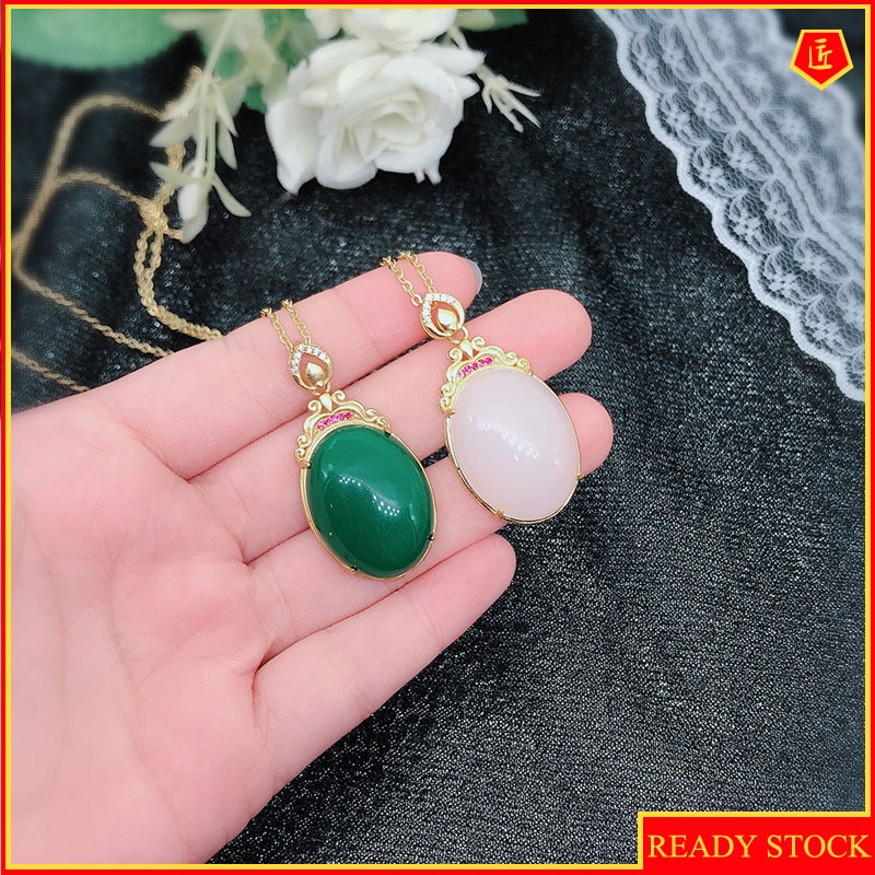 [Ready Stock]Hetian Chalcedony 24K Gold Pendant Inlaid Jade Necklace Women's Elegant Fashion