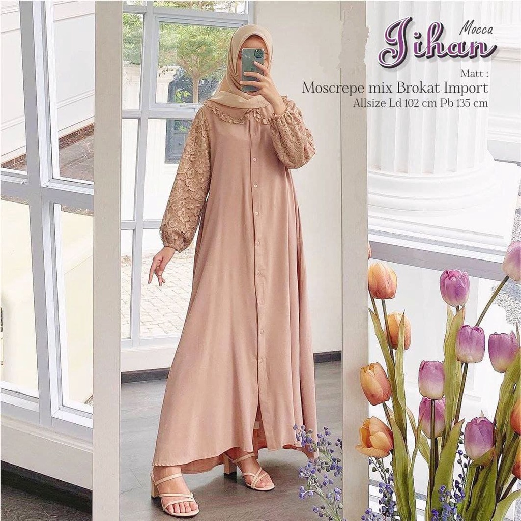 Gamis Brukat Import Moscrepe Premium Lengan Panjang Dress Fashion Muslim Kekinian