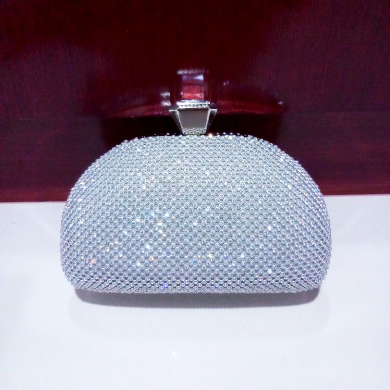 Ready Tas Pesta Silver Mata-mata Setengah Lingkaran Bola Free tali Rantai Clutch Abu-abu Party