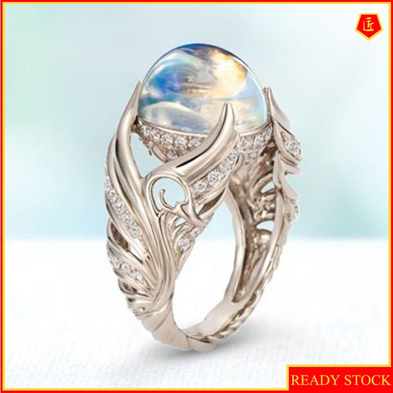 [Ready Stock]Angel Wings Full Diamond Inlaid Moonstone Ring