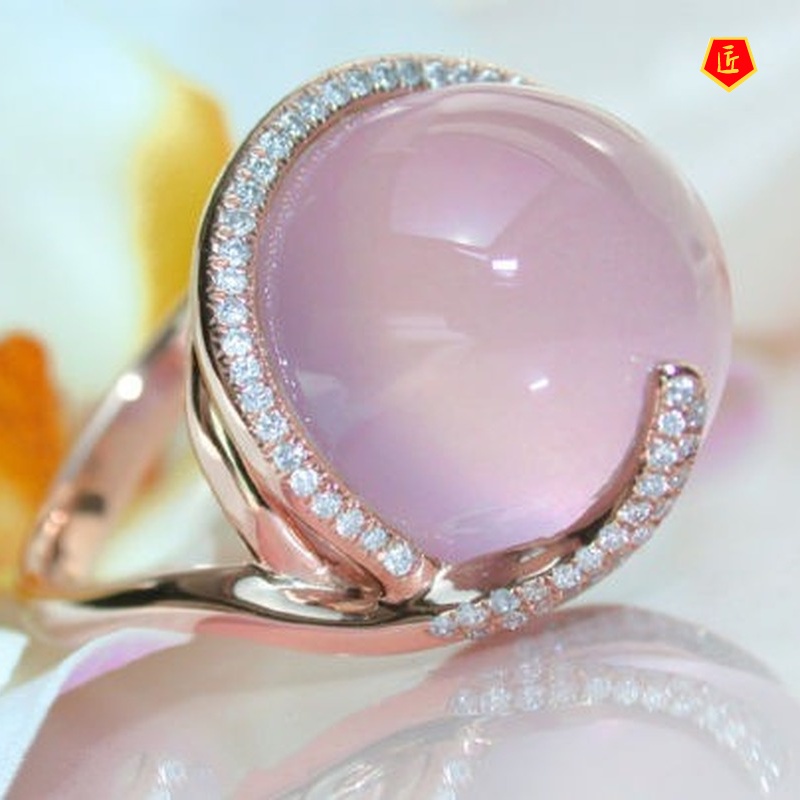 [Ready Stock]Pink Crystal Moonstone Diamond-Studded Ring Sweet and Elegant
