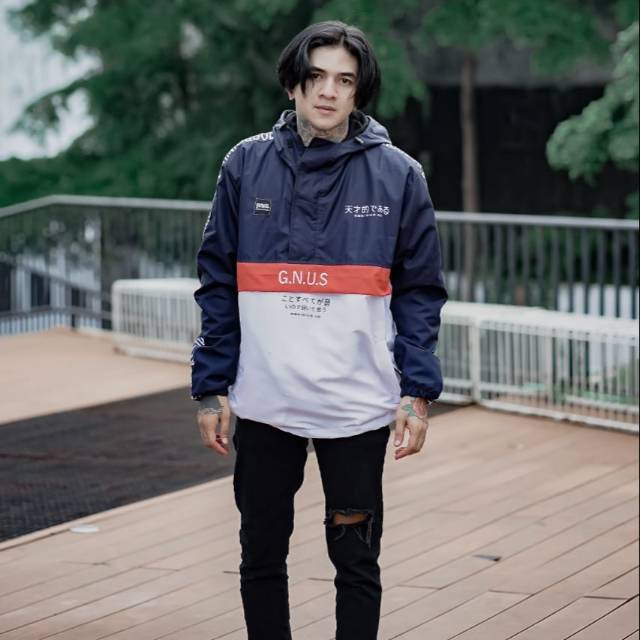Jaket Cagoule Genious Combi Navy-Orange-Putih. Jaket Kantong Doraemon